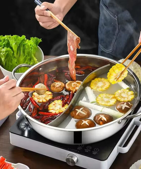 Hot pot i rustfritt stål med to separate kamre for ulike smaker