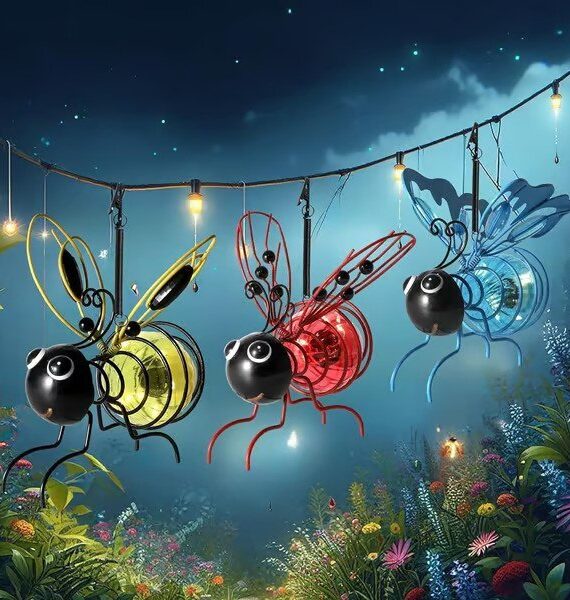 Hanging solar-powered bee lights