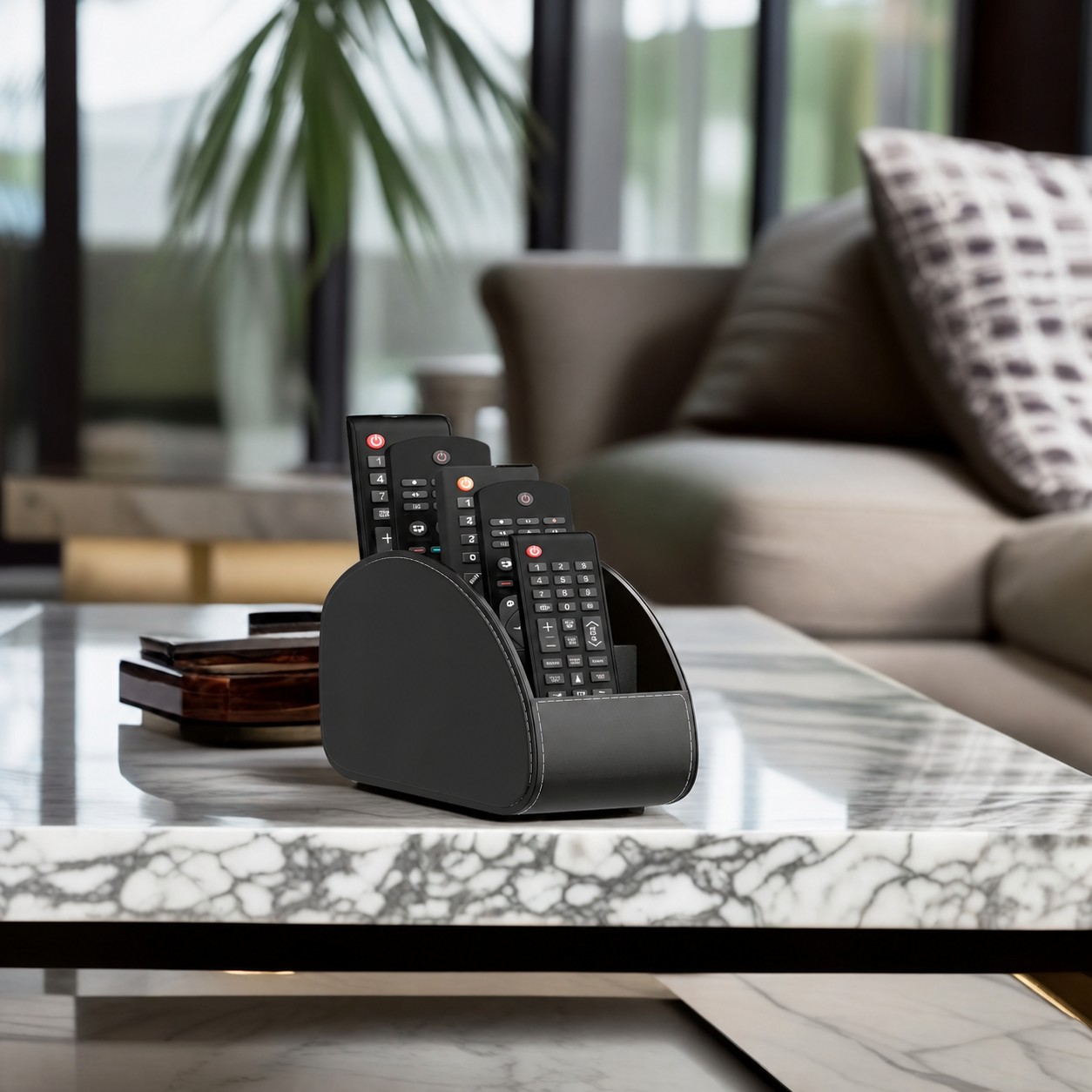 Remote control organizer on a living room table