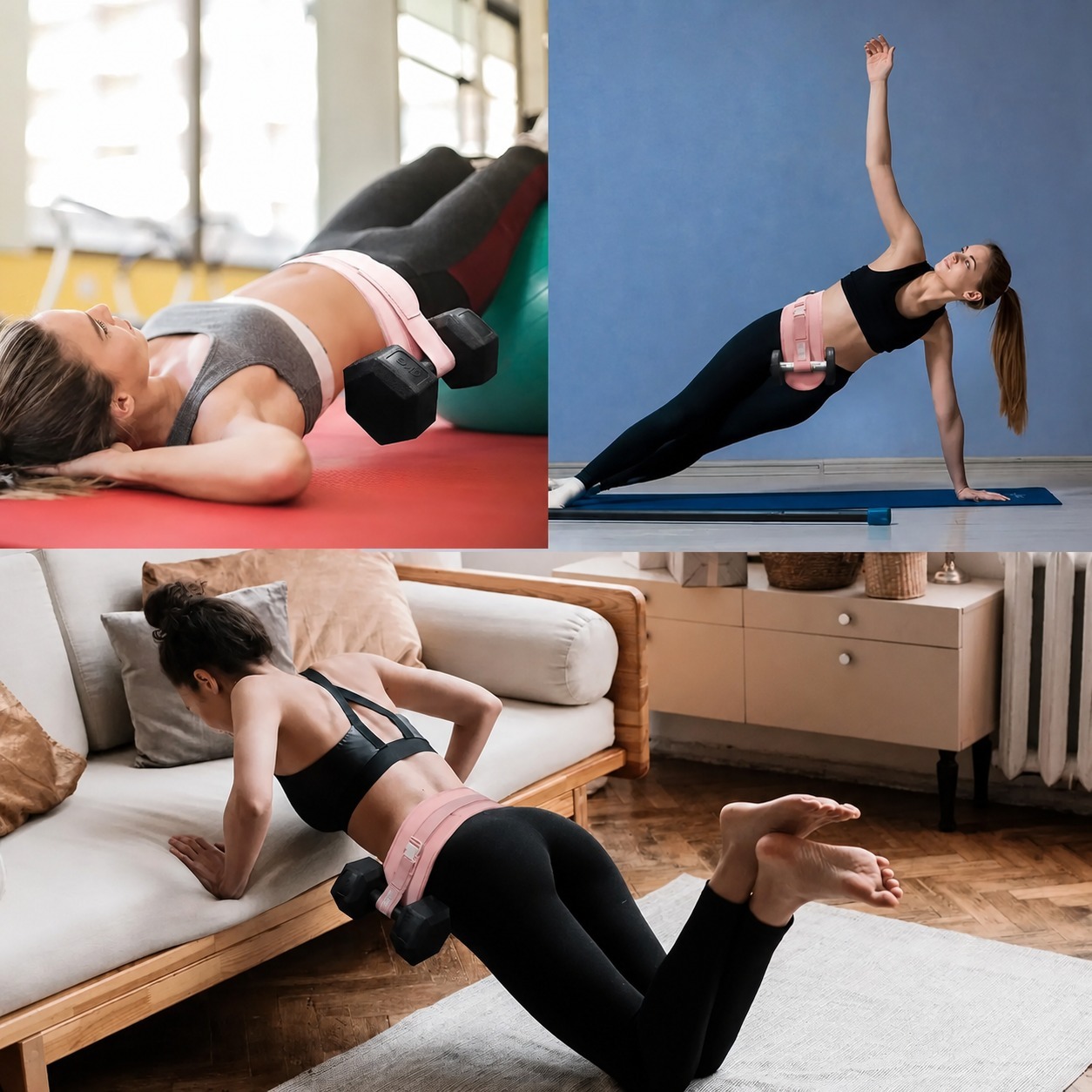 Exercise belt used for glute bridge, lateral hip lift and lower-body training