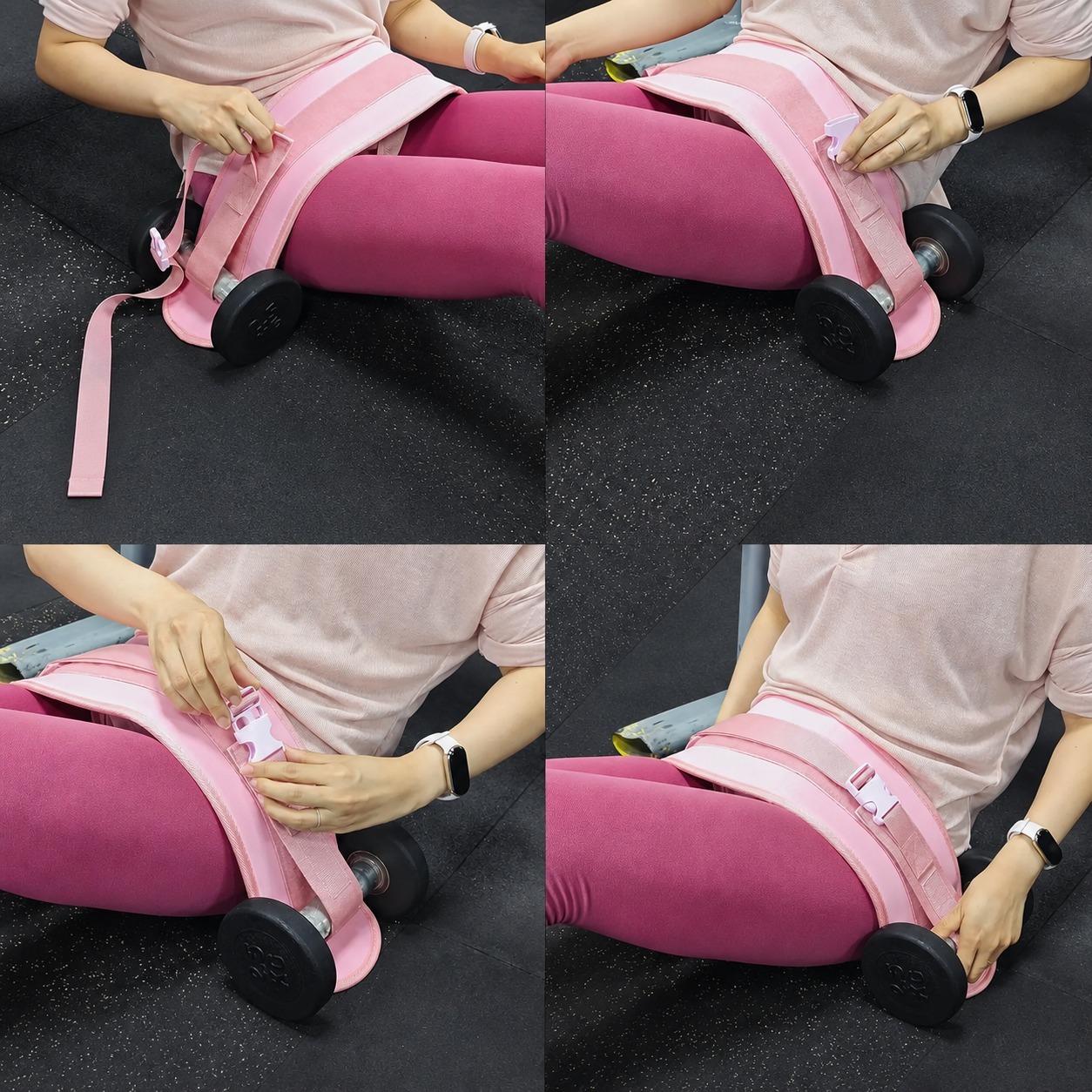 Pink exercise belt straps and buckle being secured around dumbbells