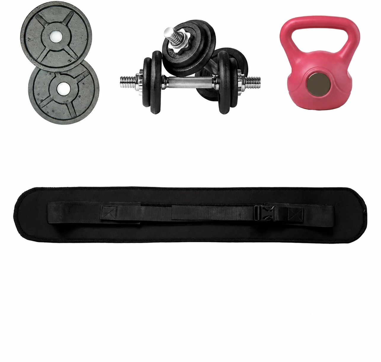 Padded exercise belt shown with compatible plates, dumbbells and kettlebells