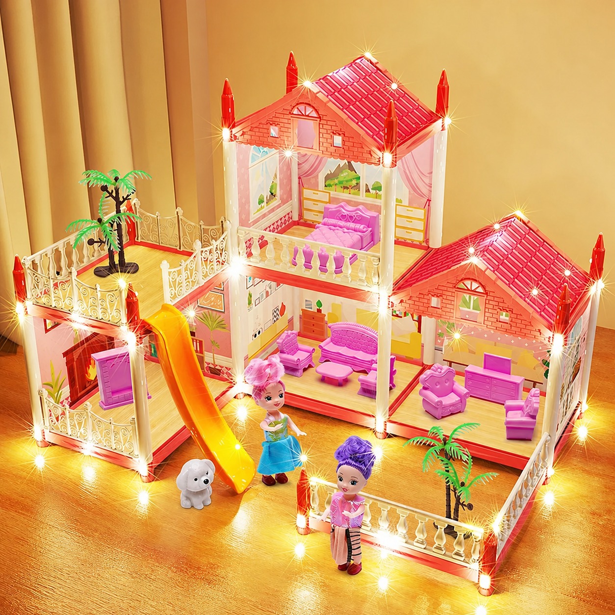 Illuminated princess dollhouse prepared for role-play
