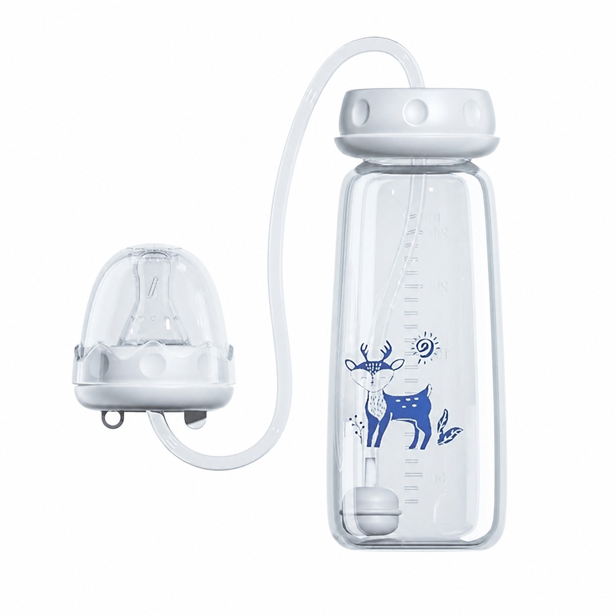 Blue hands-free baby feeding bottle with complete tube and nipple set