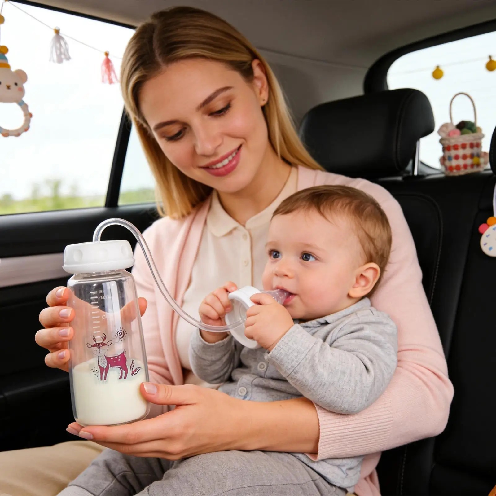 Hands-free baby feeding bottle used with caregiver supervision while travelling