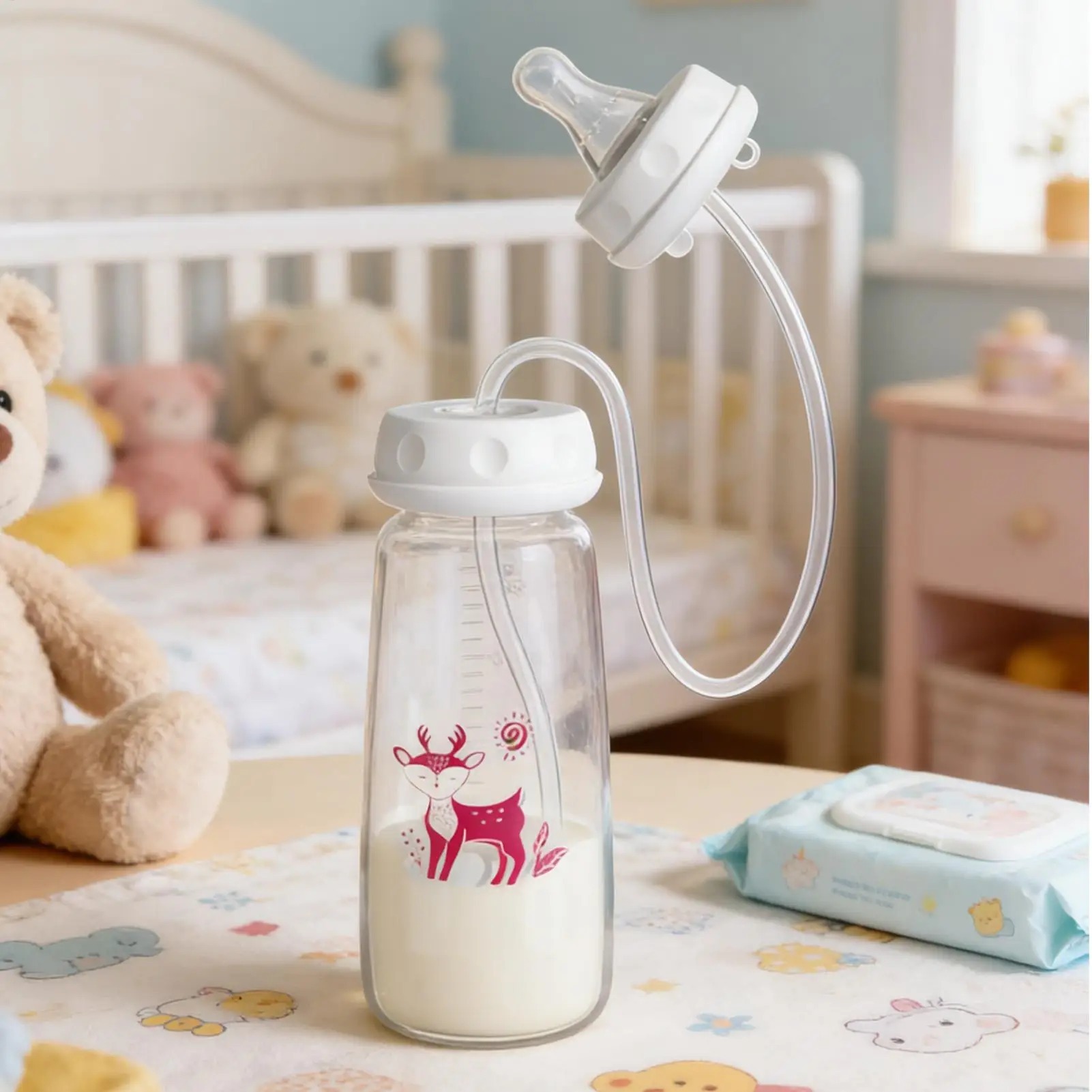 Hands-free feeding bottle with tube and nipple in a nursery setting