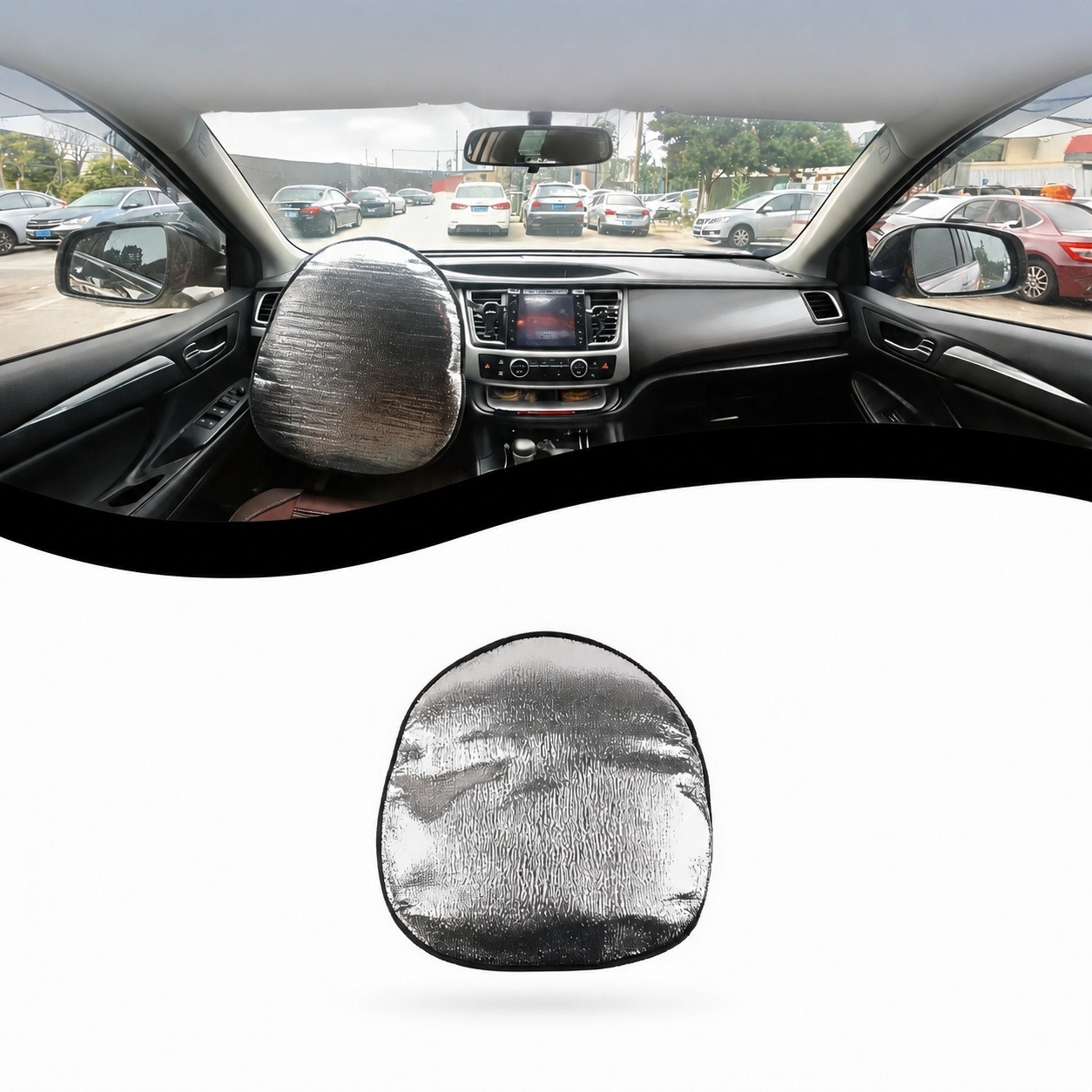 Steering wheel sun shade cover in use and product view