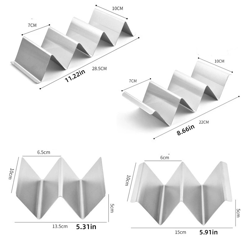 Stainless steel taco holder dimensions and slot configurations