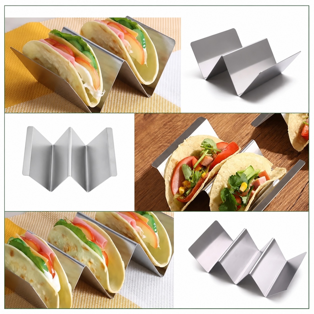 Stainless steel taco holder product and serving views