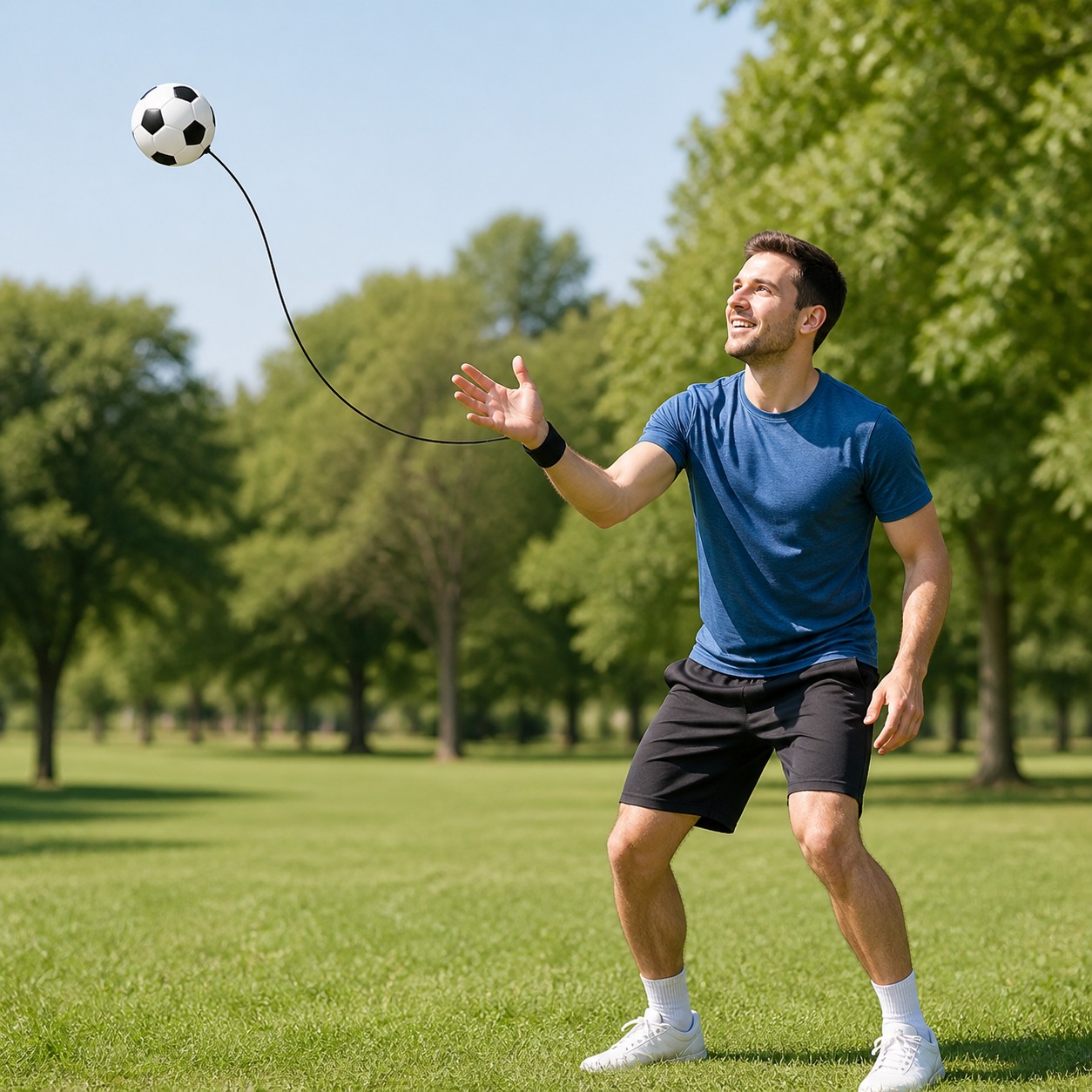 Adult practising with a soccer elastic return sponge ball outdoors