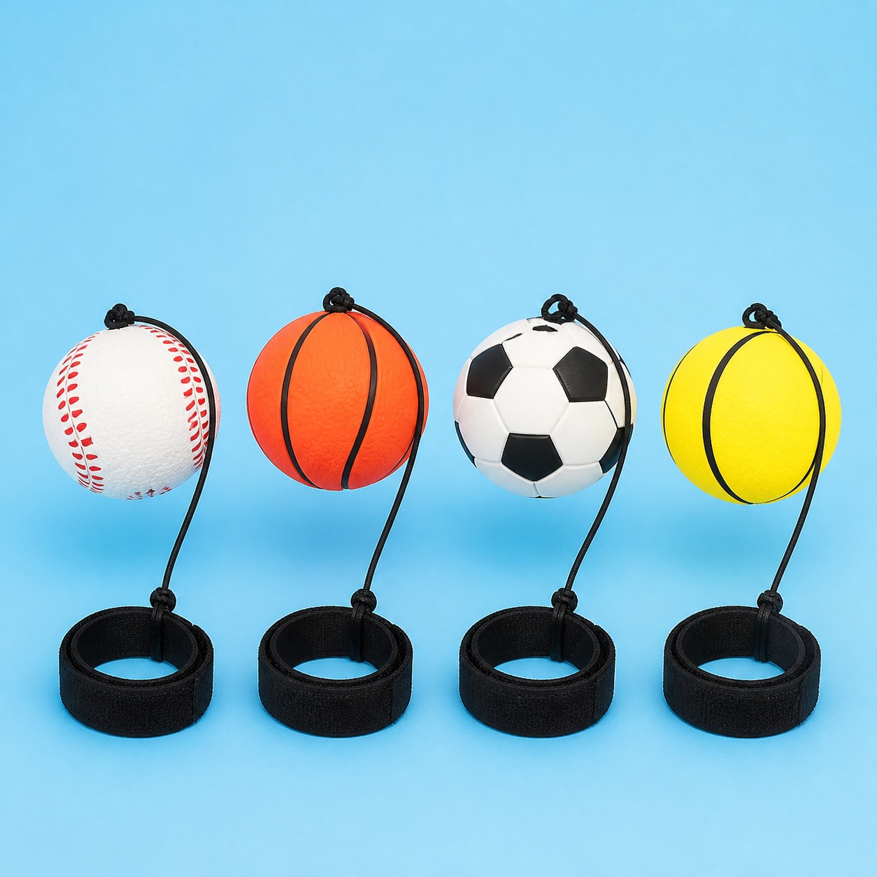 Four elastic return sponge ball sports designs with cords and wrist bands