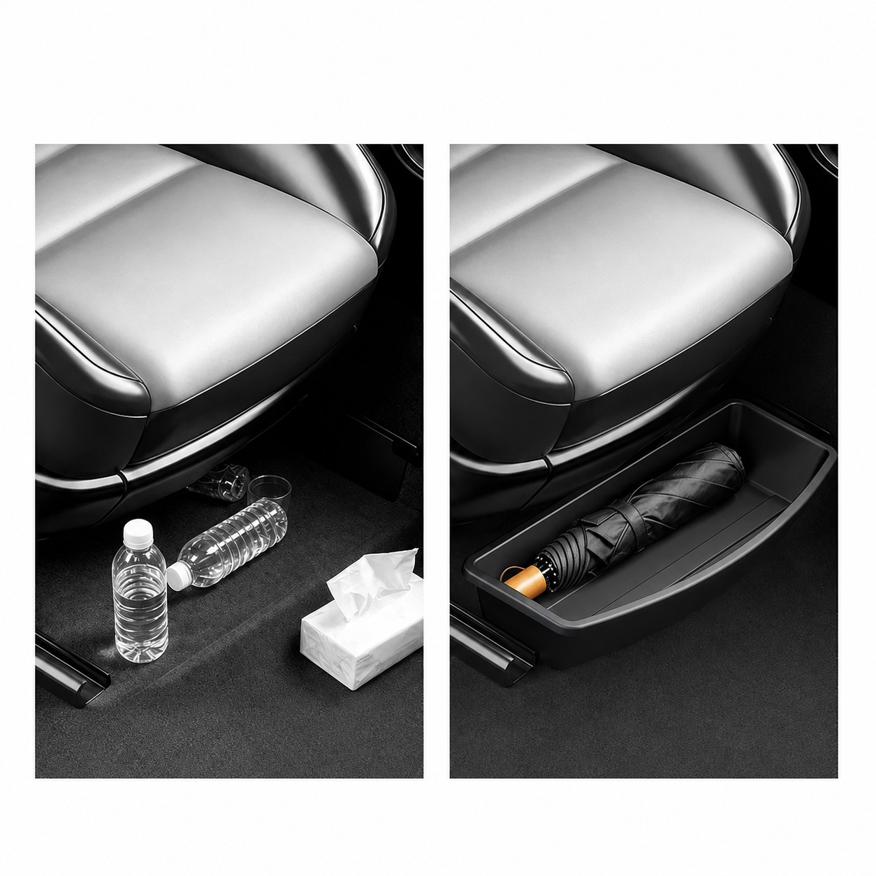 Car floor before and after using the under-seat storage box