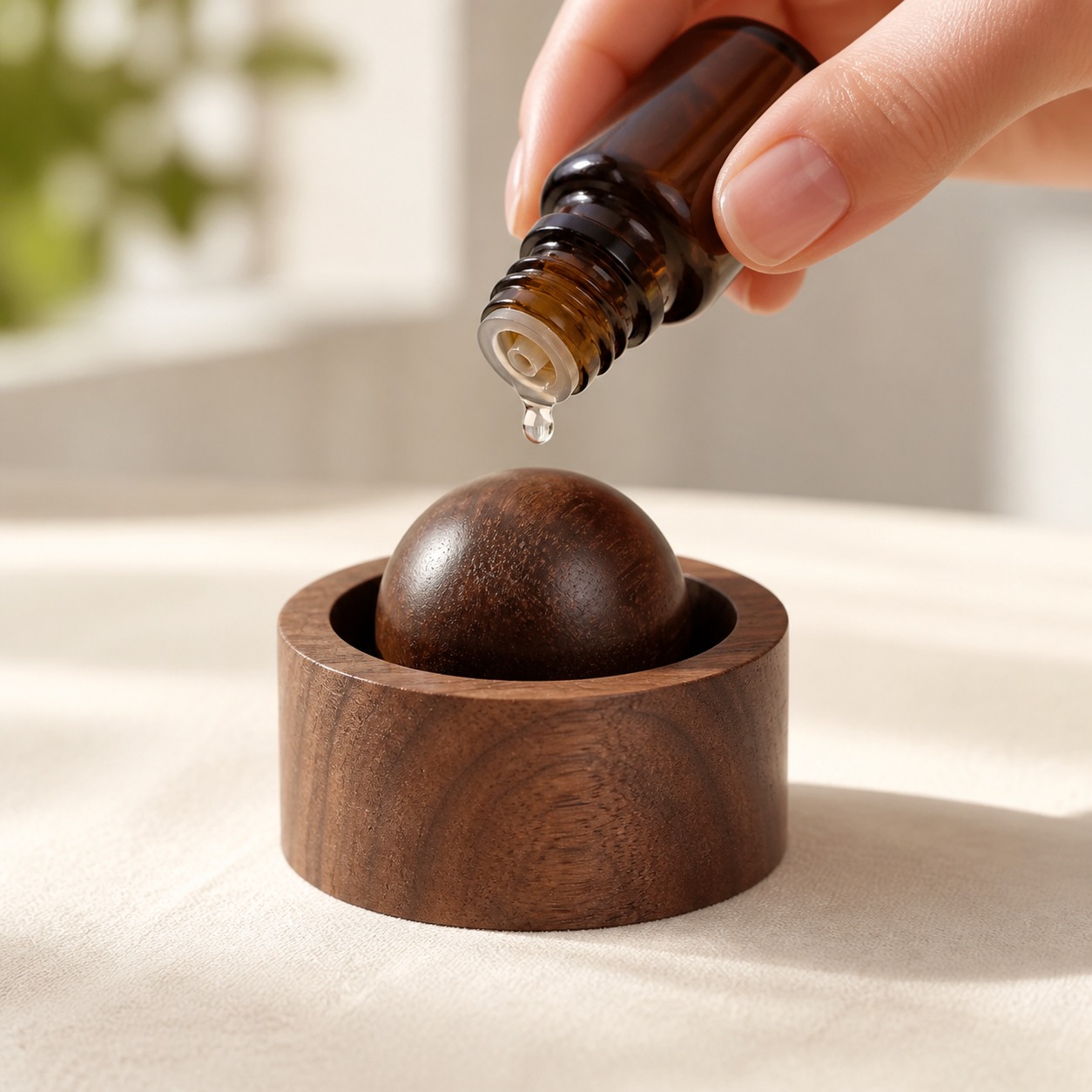 A drop of essential oil being added to a dark walnut wooden aroma diffuser
