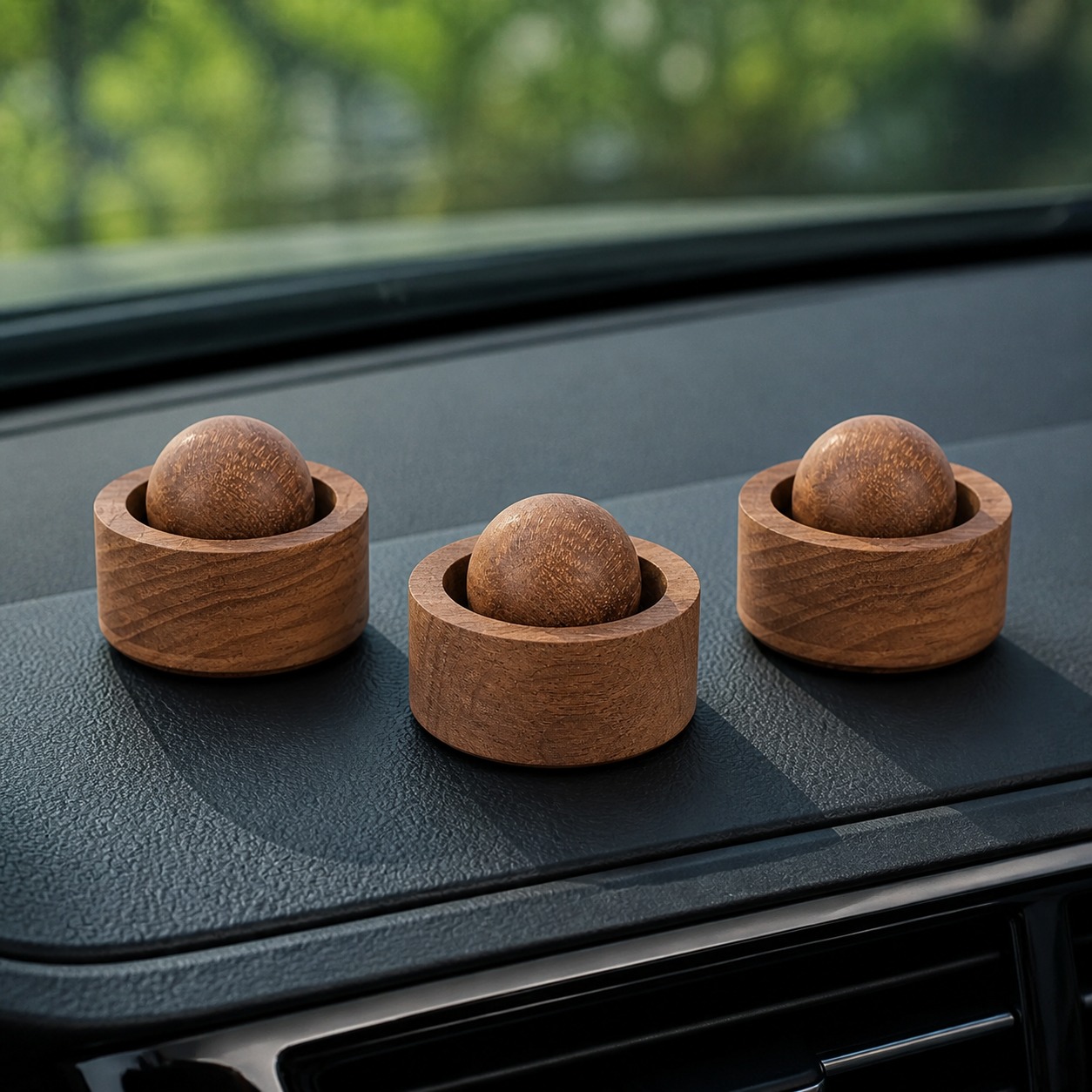 Three dark walnut wooden aroma diffusers on a car dashboard