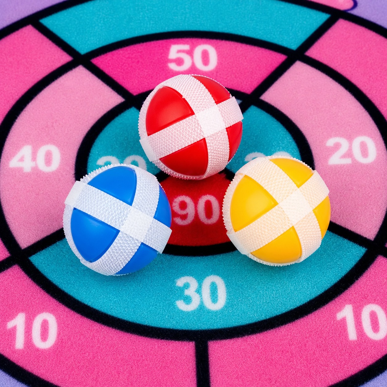 Three sticky balls on the numbered target surface