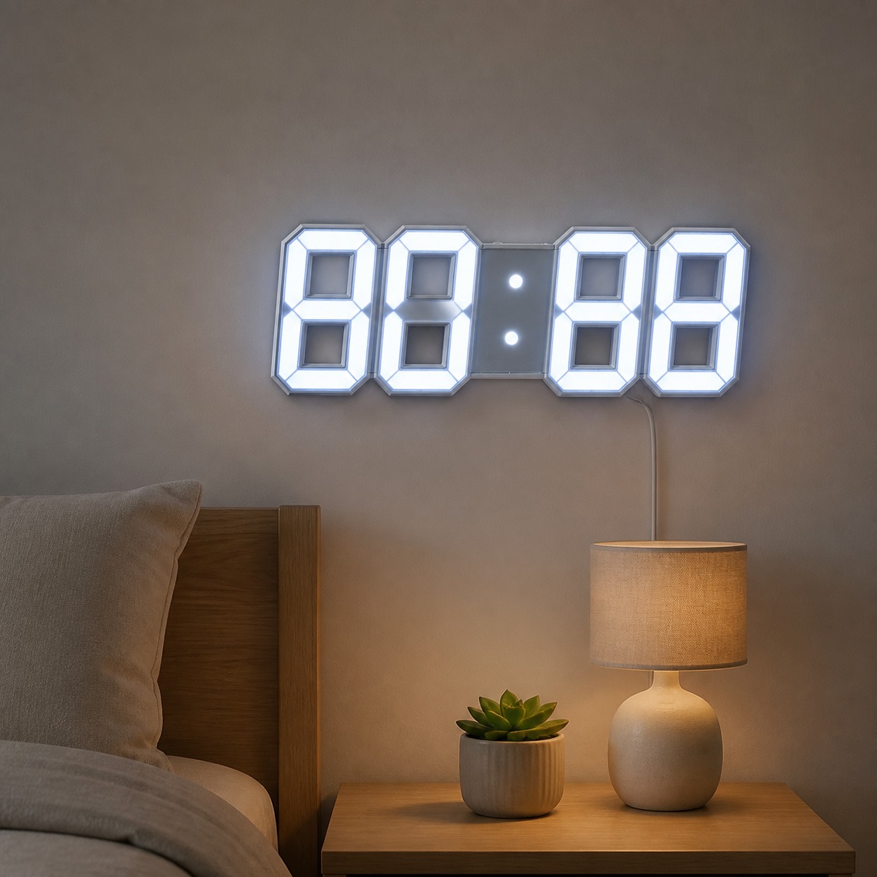 White LED digital clock mounted above a bedside table